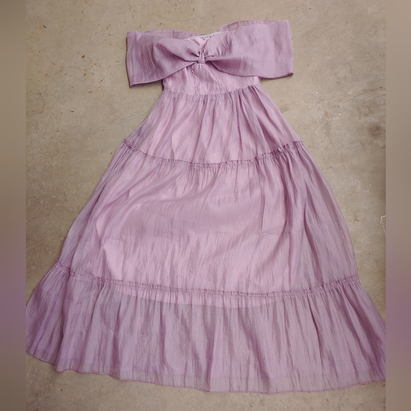 Elegant Off Shoulder Lavender Strapless Chiffon Bow Ruffle Tulle Dress - Picture 17 of 17